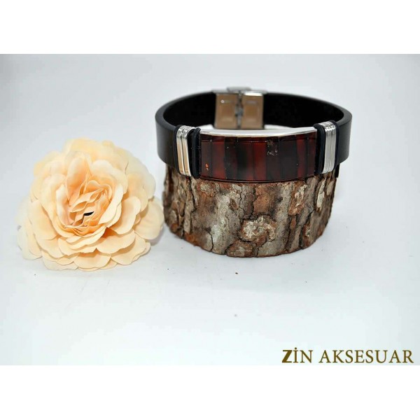  Genuine Leather Cord Amber Embroidered Stainless Steel Bracelet